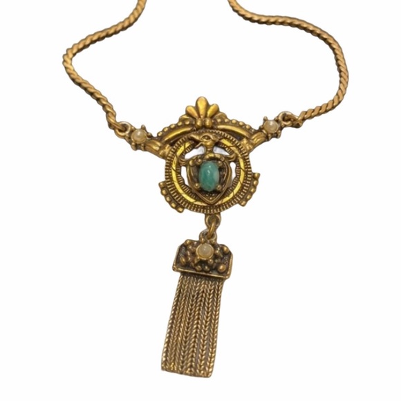Vintage Jewelry - Vintage Victorian Necklace Jade Green Art Glass